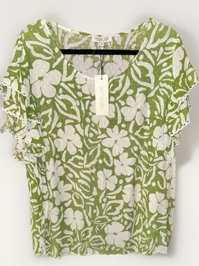 Rachel Zoe Green and White Floral Ruffle Sleeve Blouse